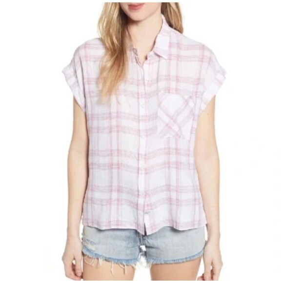 Rails Womens Whitney Shirt Sz Medium White Rose Plaid Cap Sleeve Linen Blend Top - Picture 1 of 7
